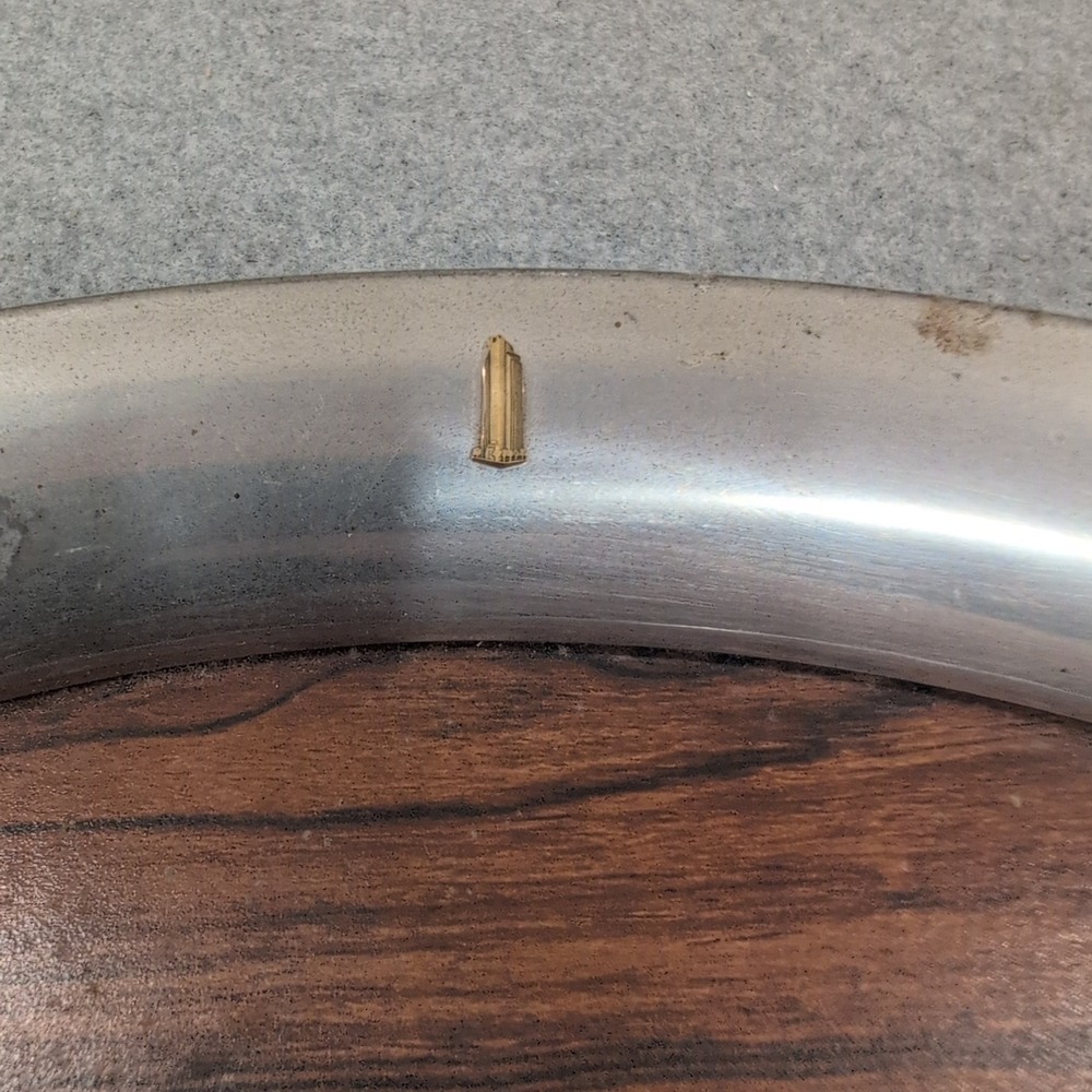 Vintage Round Wood Grain and Metal Serving Tray with Skyscraper Emblem NA307 - Picture 2 of 8